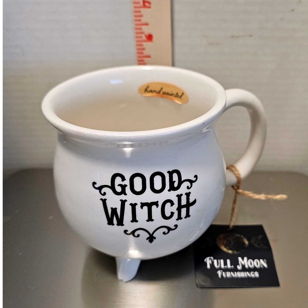 Full Moon Furnishings Good Witch White Cauldron Mug Hand Painted Ceramic 4in